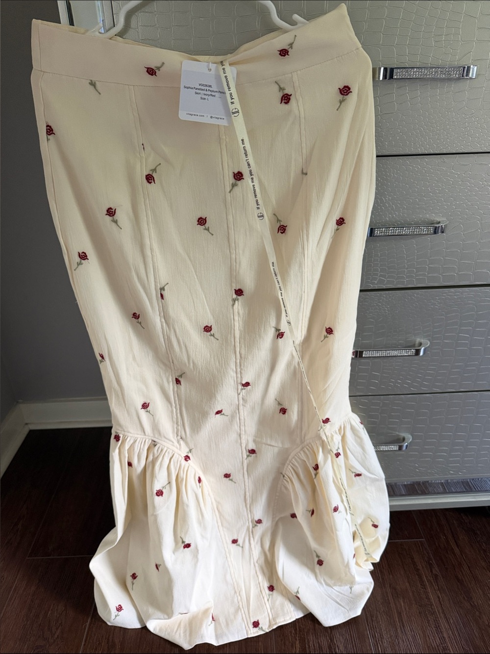 Reformation Cream Midi Skirt with Red Rose Embroidery - Picture 2 of 6